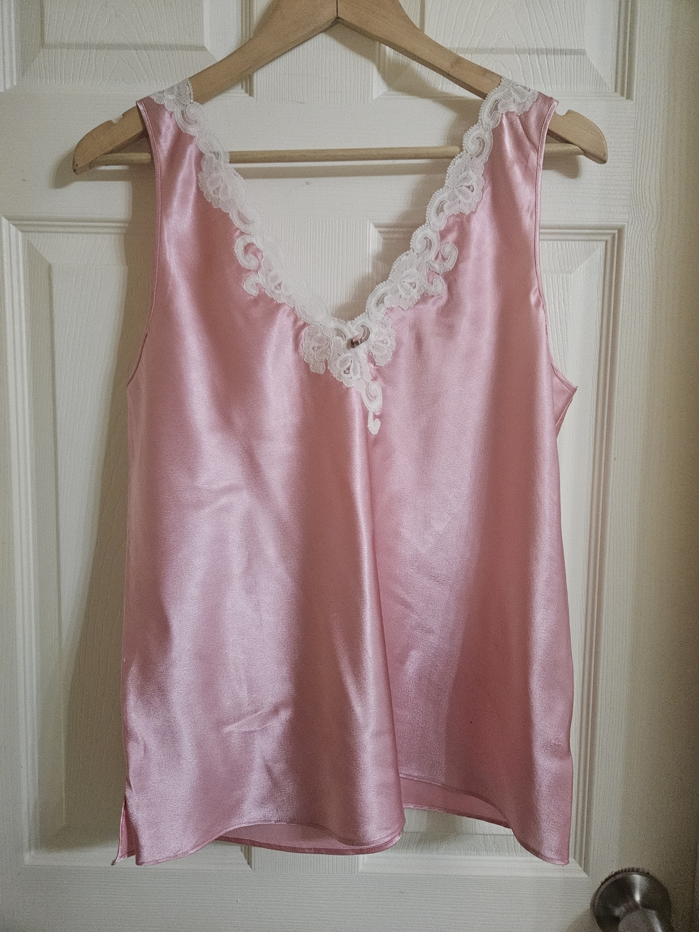 Oscar de la Renta Pink Satin Lace-Trim Chemise Top